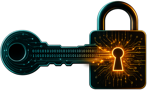 A circuit-board key with binary along its shaft beside a padlock with a glowing keyhole