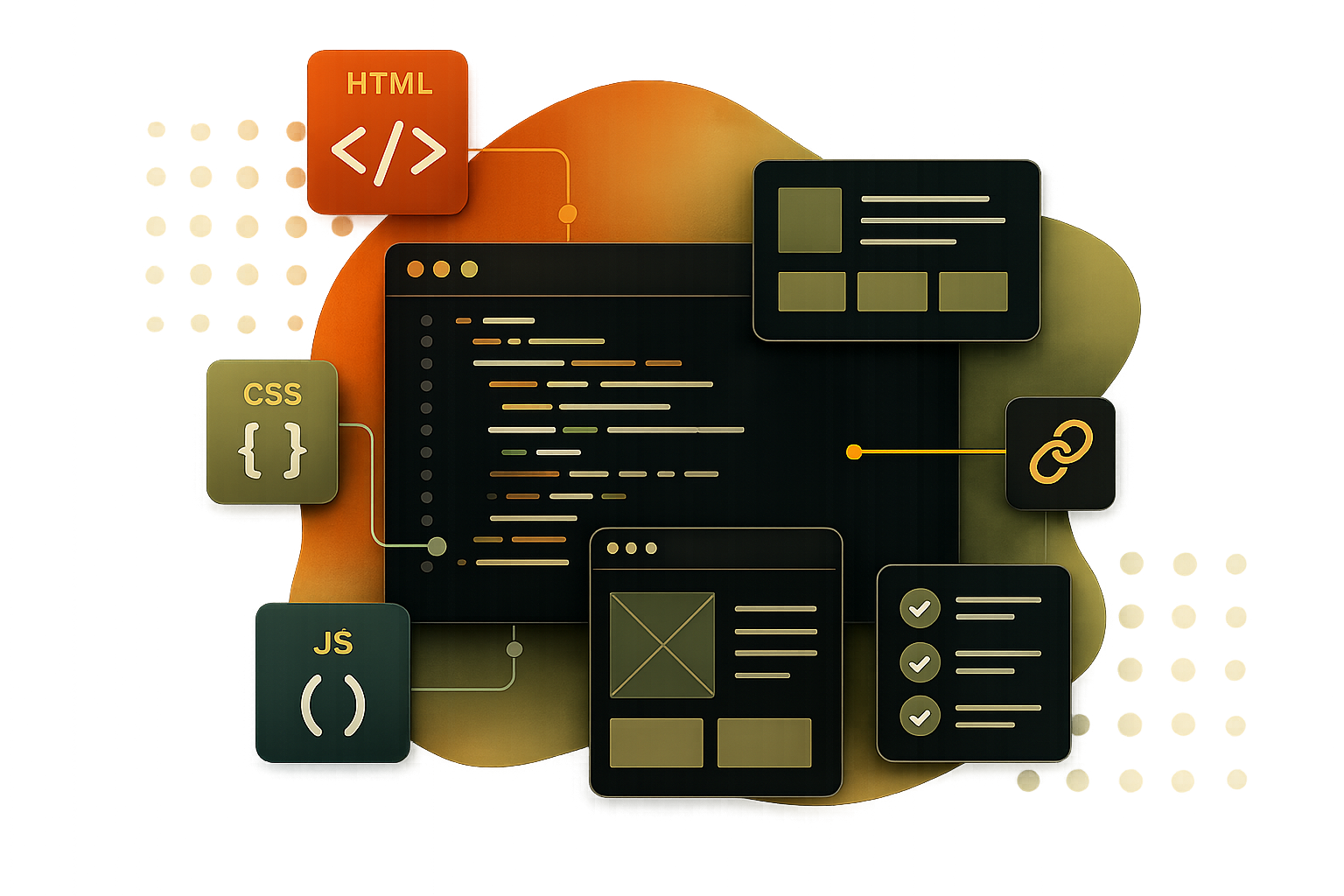 Illustration of a code editor surrounded by HTML, CSS and JavaScript building blocks and UI panels