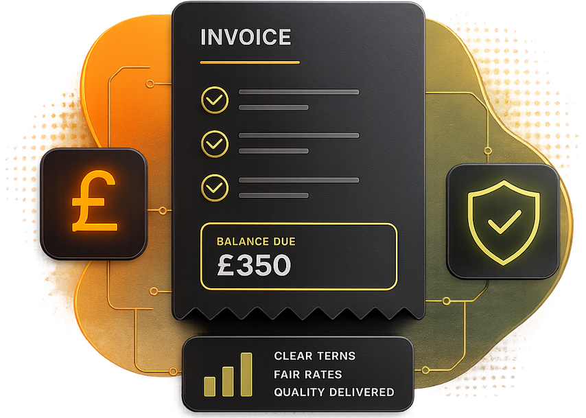 Illustration of a paid invoice showing a £350 balance, alongside clear terms, fair rates and quality delivered